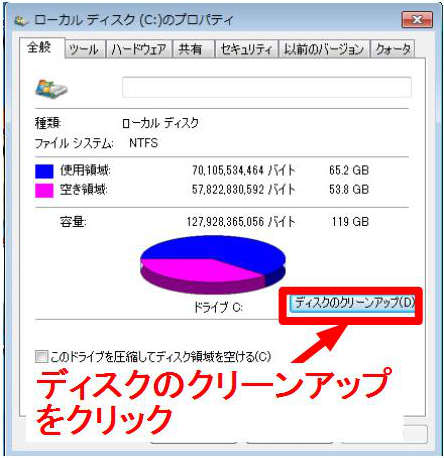 「ディスクのクリーンアップ」をクリック