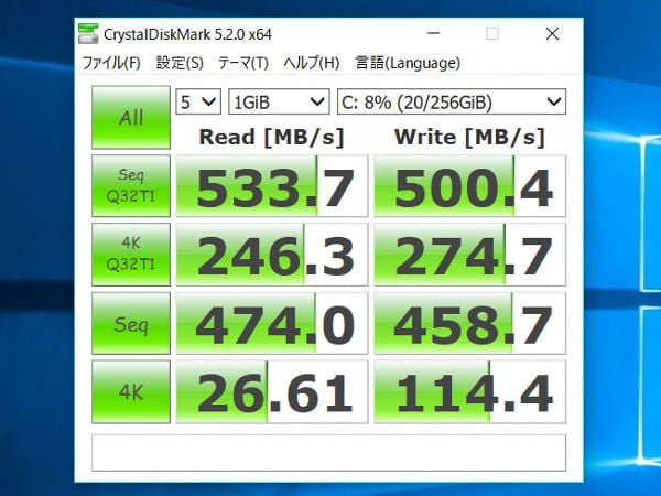 CrystalDiskMark v5.2.0のベンチマーク結果