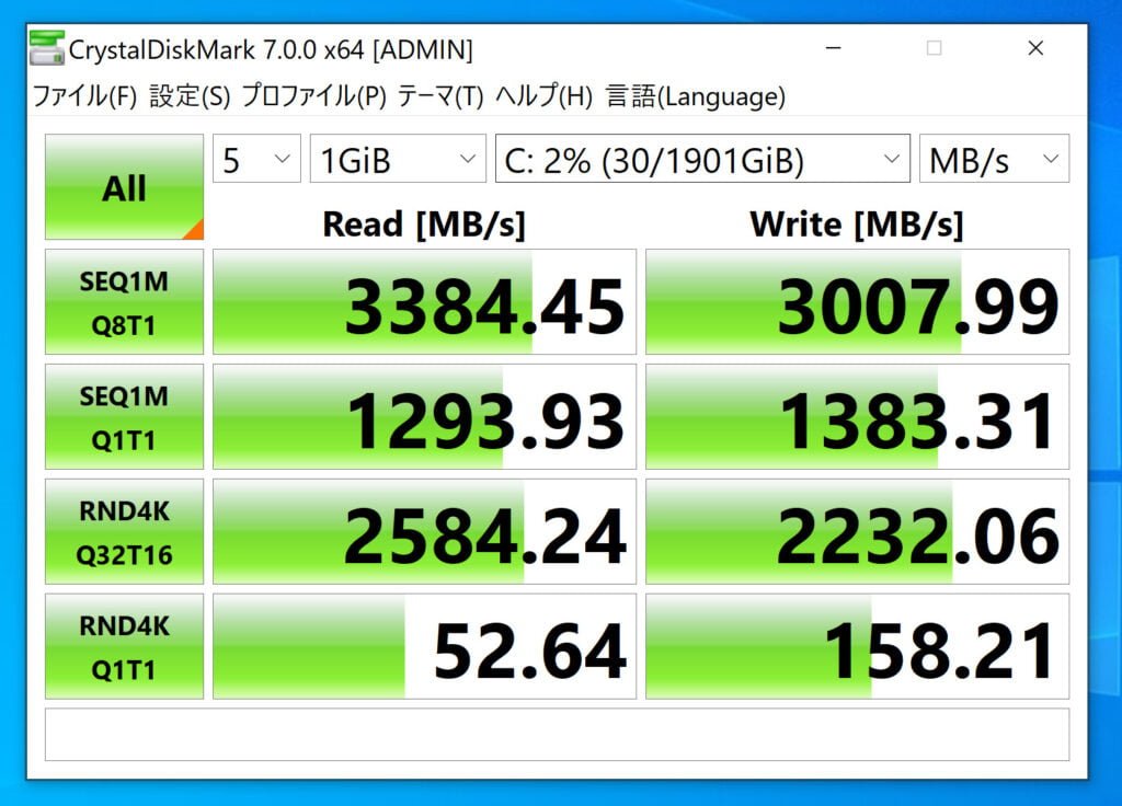 2TB SSDのCrystalDiskMark7.0.0の結果
